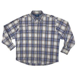 Wrangler Western Wear Pearl Snap Shirt Mens XXL Plaid Cowboy Cut Beige Blue